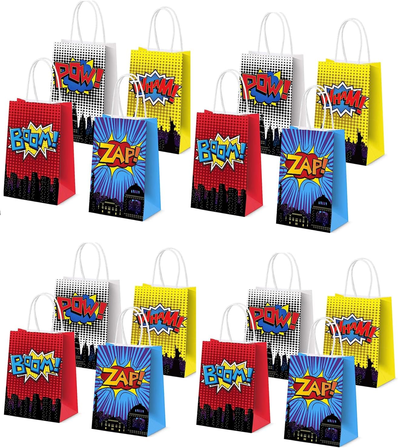 SYOSI Superhero Party Gift Bags, 16Pcs 4 Color Comic Heros Kraft Paper Goodie Candy Treat Gift with Handle Boom Theme Birthday Decorations Supplies Kids Classroom Family Rewards Prize Bag