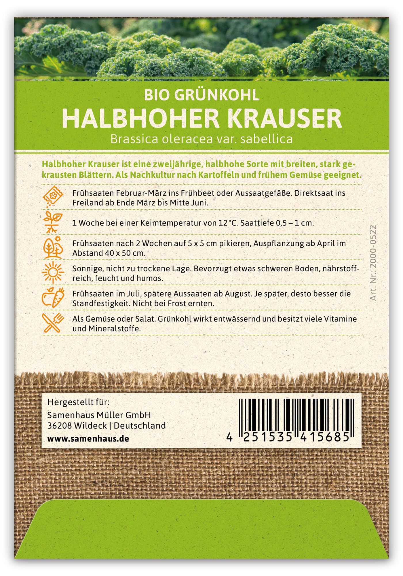 FLORTUS 2000-0522-100x Grünkohl Halbhoher Krauser (100 Stück) (BIO Kohlsamen)
