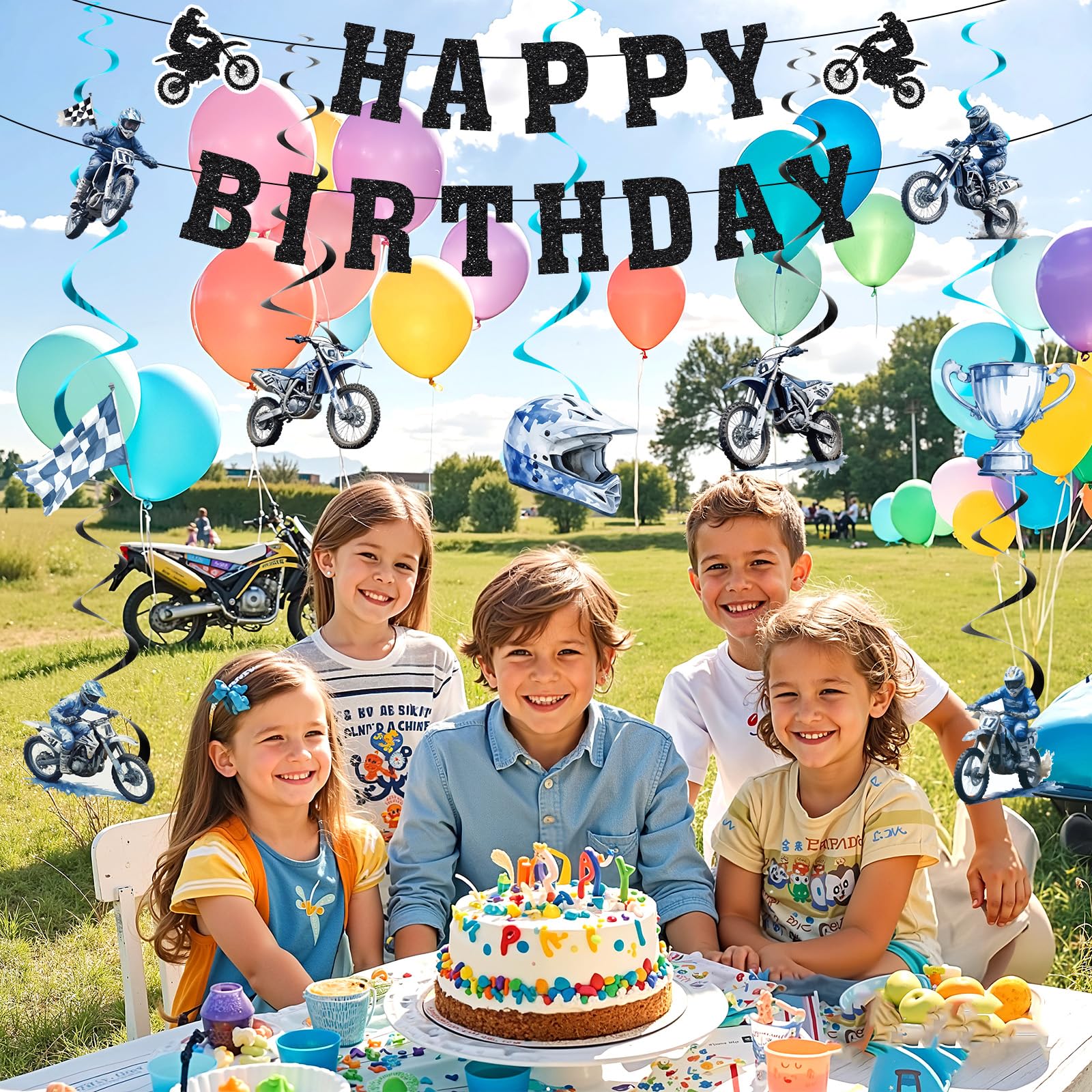 Decoración de cumpleaños de bicicleta sucia para niños, pancarta de cumpleaños y remolinos colgantes para motocicleta, motocross, suministros de decoración de fiesta temática