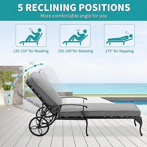 Miniatura 3 de HOMEFUN Chaise Lounge - Silla de exterior con cojín beige tumbonas laterales de aluminio con ruedas reclinables ajustables juego de muebles de patio