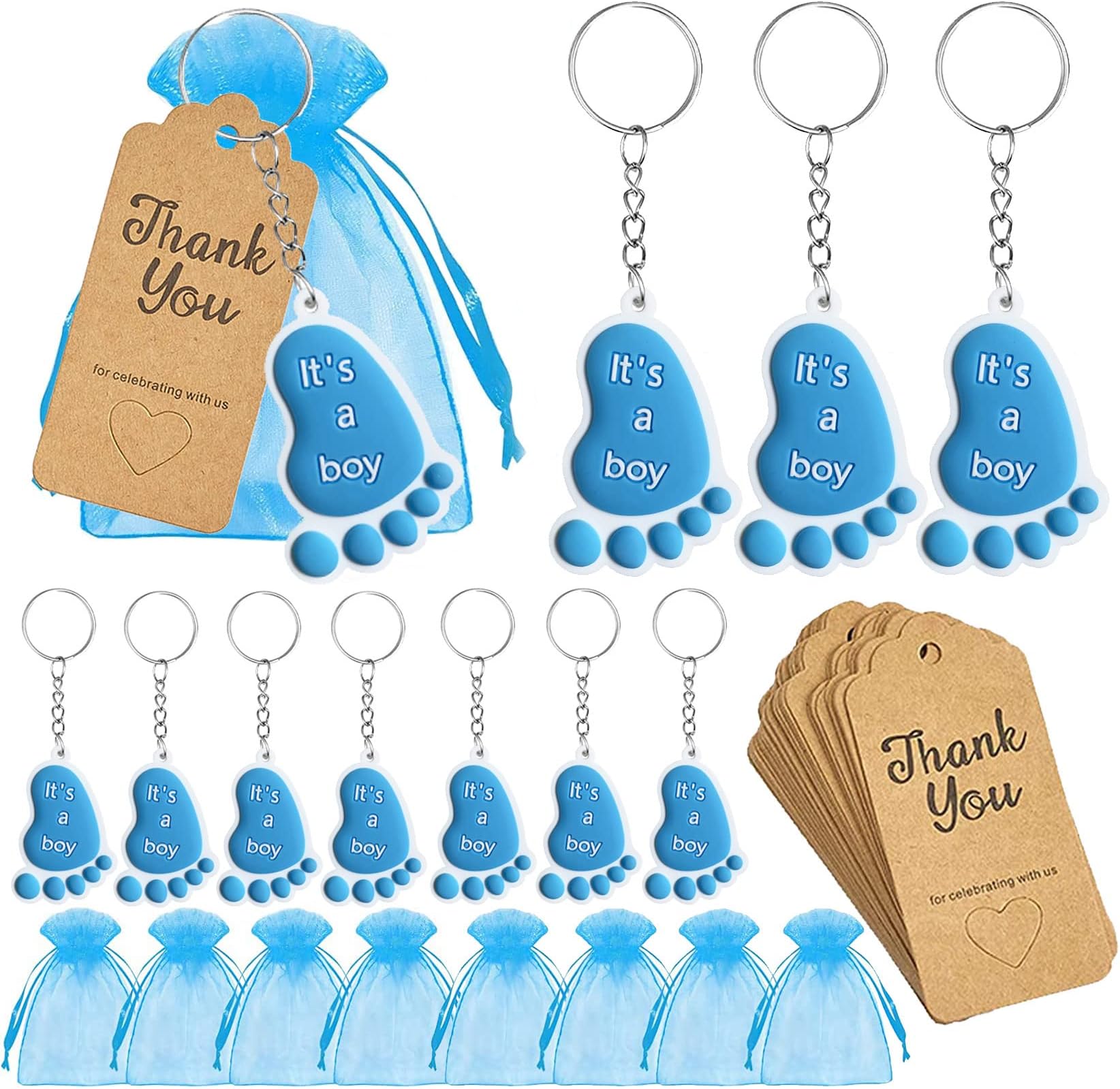 25 Sets It's a Boy Baby Footprint Keychain Baby Shower Return Gifts for Guests for Adult, Souvenirs Supplies and Decorations with Organza Bags Thank You Kraft Tags for Baby Shower Party Favors(Blue)