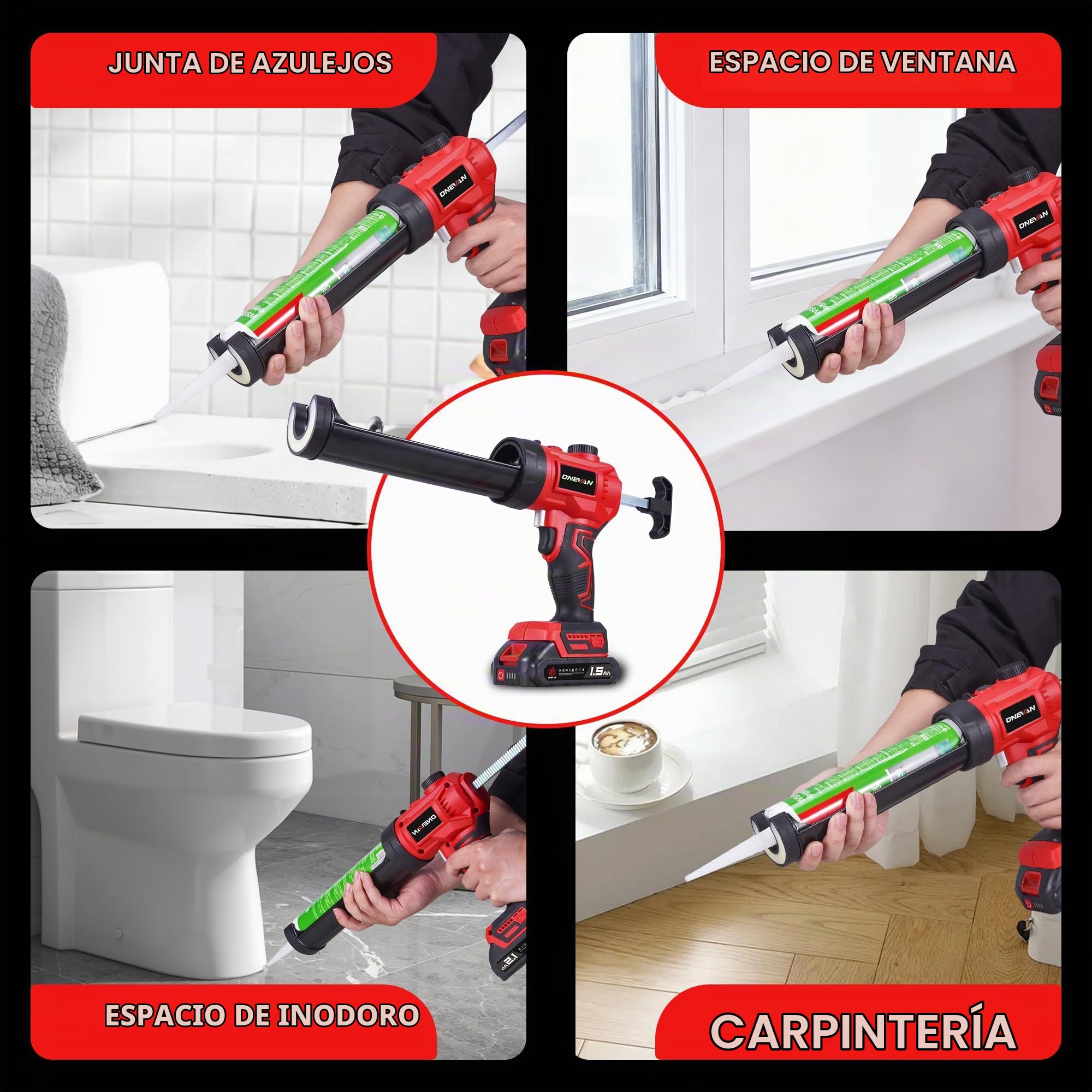 ONEVAN Pistola para Cartuchos Inalámbrica 300ml Brushless 2x1,5Ah | 300ml Capacidad, 300kg Fuerza, Velocidad variable, Cargador rápido, Luz LED brillante, Para ventanas y juntas