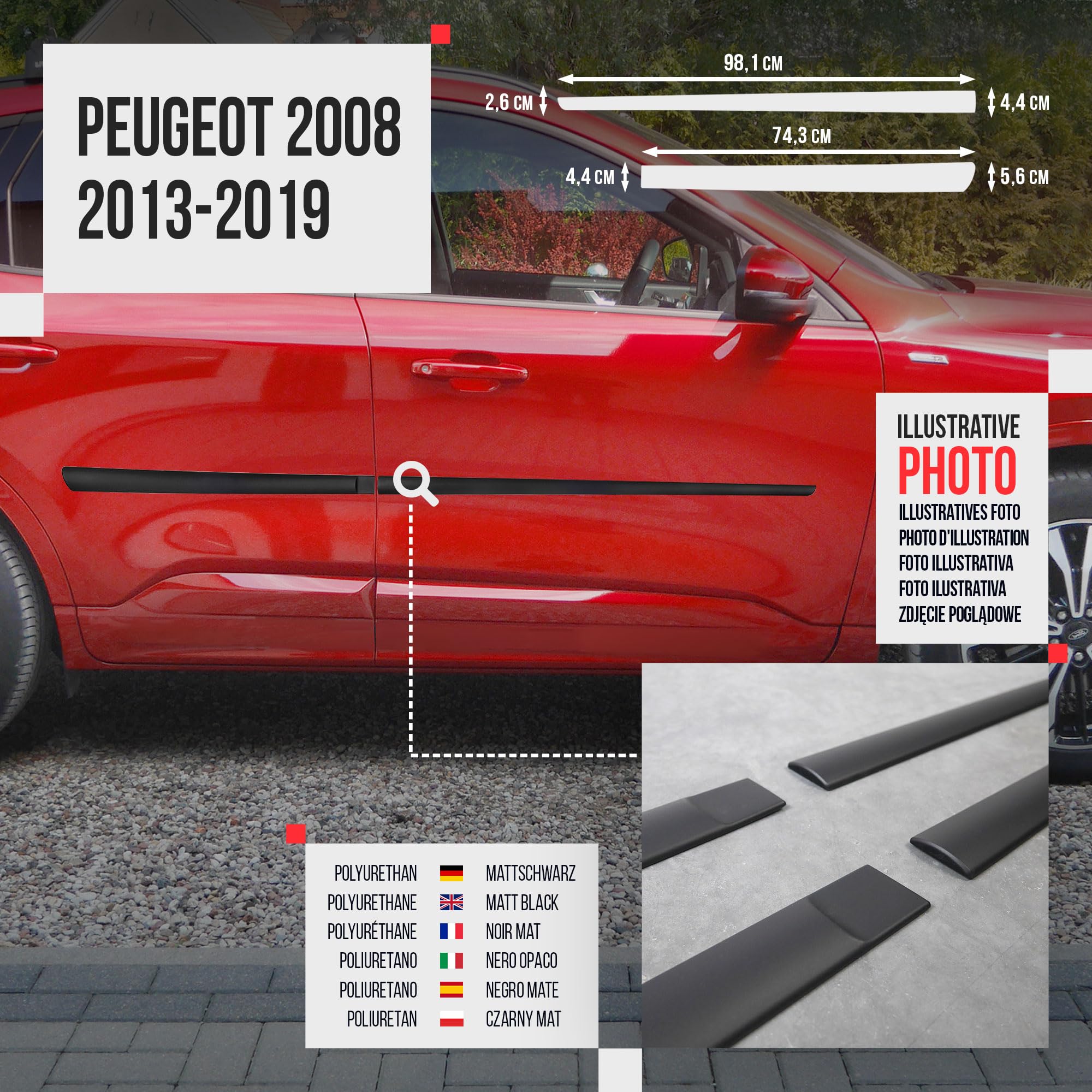 CHROMEMASTER | Modanature Laterali | Compatibile con Peugeot 2008 2013-2019 | Plastica Le Modanature Laterali Proteggono la Vernice Della Portiera Dell'auto da Graffi e Danni