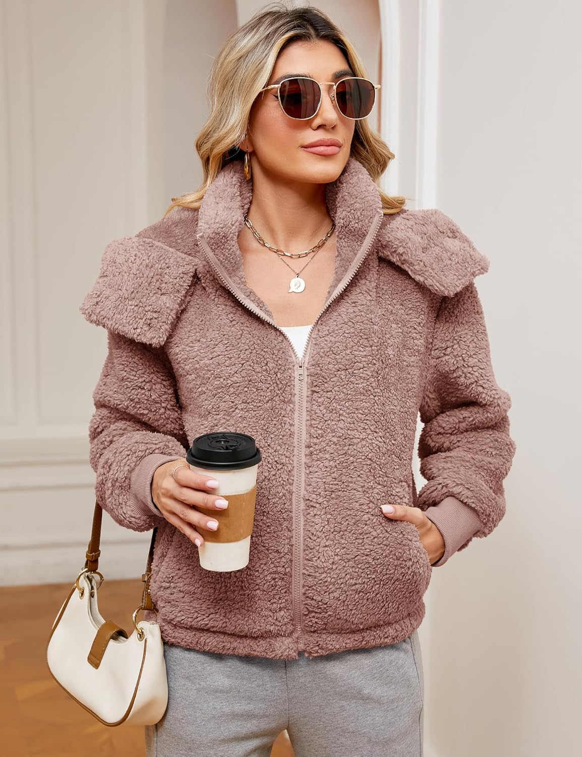 Micoson Womens Faux Fur Coat Winter Full Zip Sherpa Fleece Jacket Long Sleeve Warm Fuzzy Outerwear with Hooded - Image 3