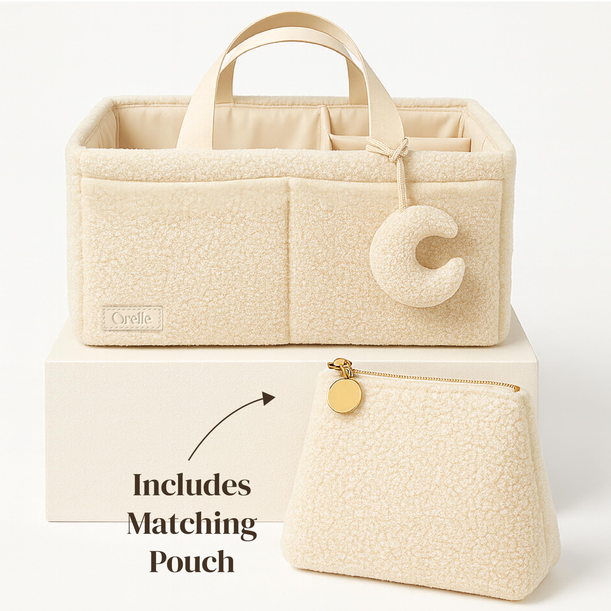 Orelle Bouclé Wickeltisch-Organizer mit passender Tasche und Mondanhänger, tragbarer Wickeltisch-Organizer, Must-Have für Babypartys, cremefarben