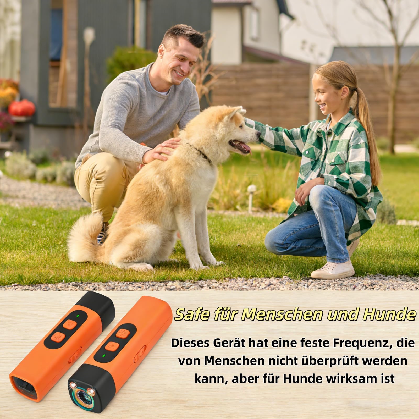 Dr Zampe RuheMeister Pro Antibell dispositivo ultrasonico con 3 livelli di frequenza, ricaricabile e torcia a LED, per cani piccoli e grandi, uso interno ed esterno (arancione)
