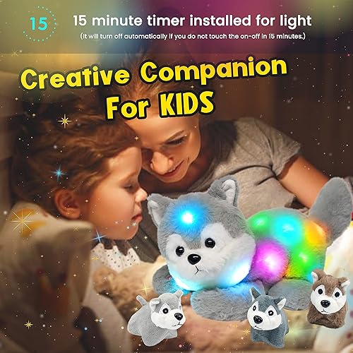 Miniatura 7 de Hopearl Husky de peluche con luz LED para mamá con 3 cachorros en su vientre juego de luces nocturnas que brillan en la oscuridad regalos para niños