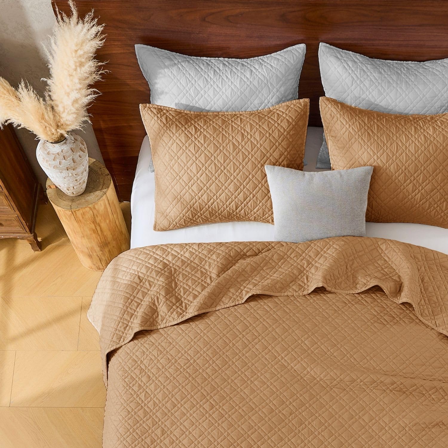 Cali King Quilt Set with Shams Lightweight Quilted Bedspread Coverlet Thin Comforter Bed Cover Vintage Washed Quilted Blanket for All Season, Brushed Microfiber Diamond Stitching, Brown, 111"x92"