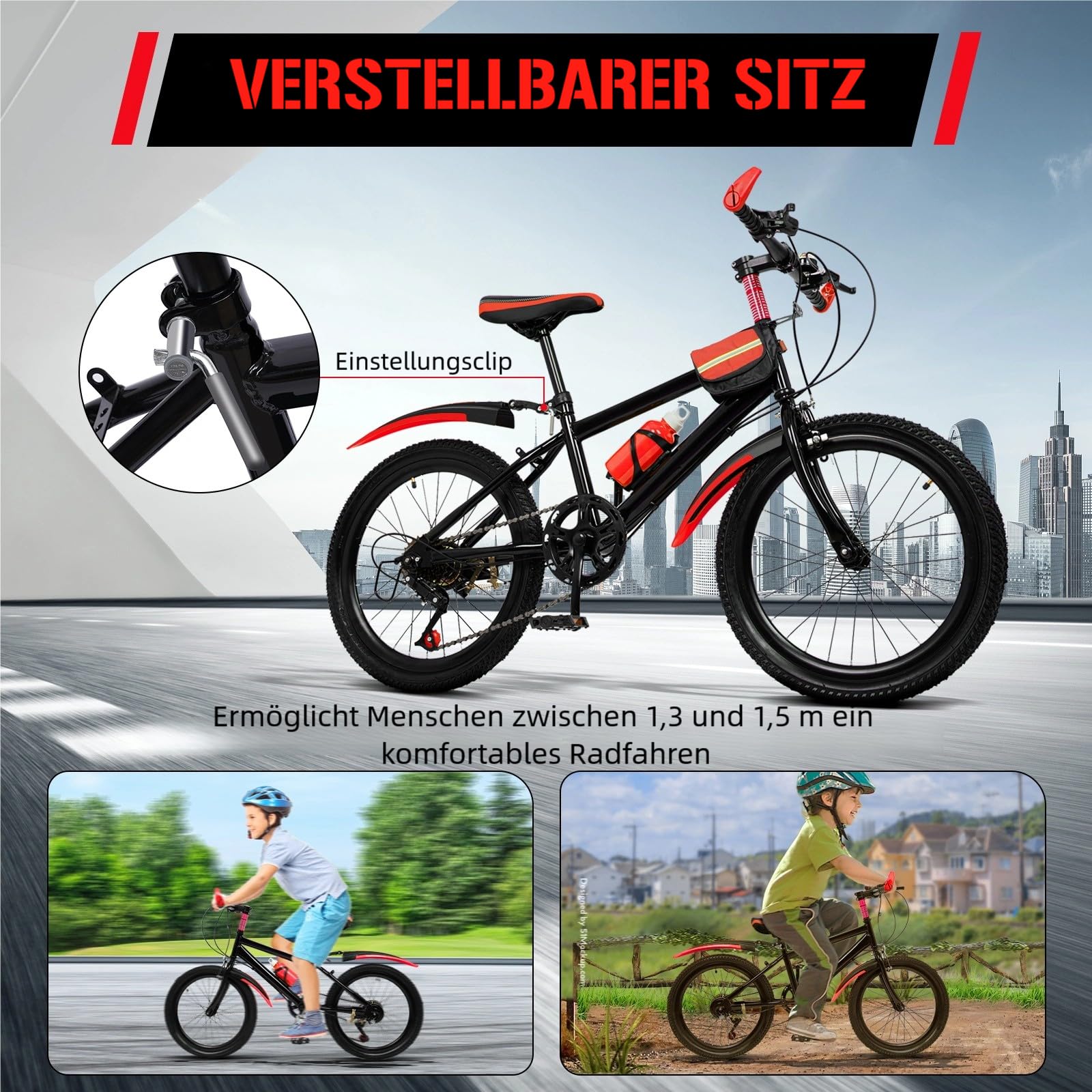 Bicicleta de montaña para niños de 20 pulgadas, para niños y niñas, 7 marchas, con guardabarros, botella de agua, campana de brújula, capacidad de carga de 85 kg, de 8 a 13 años