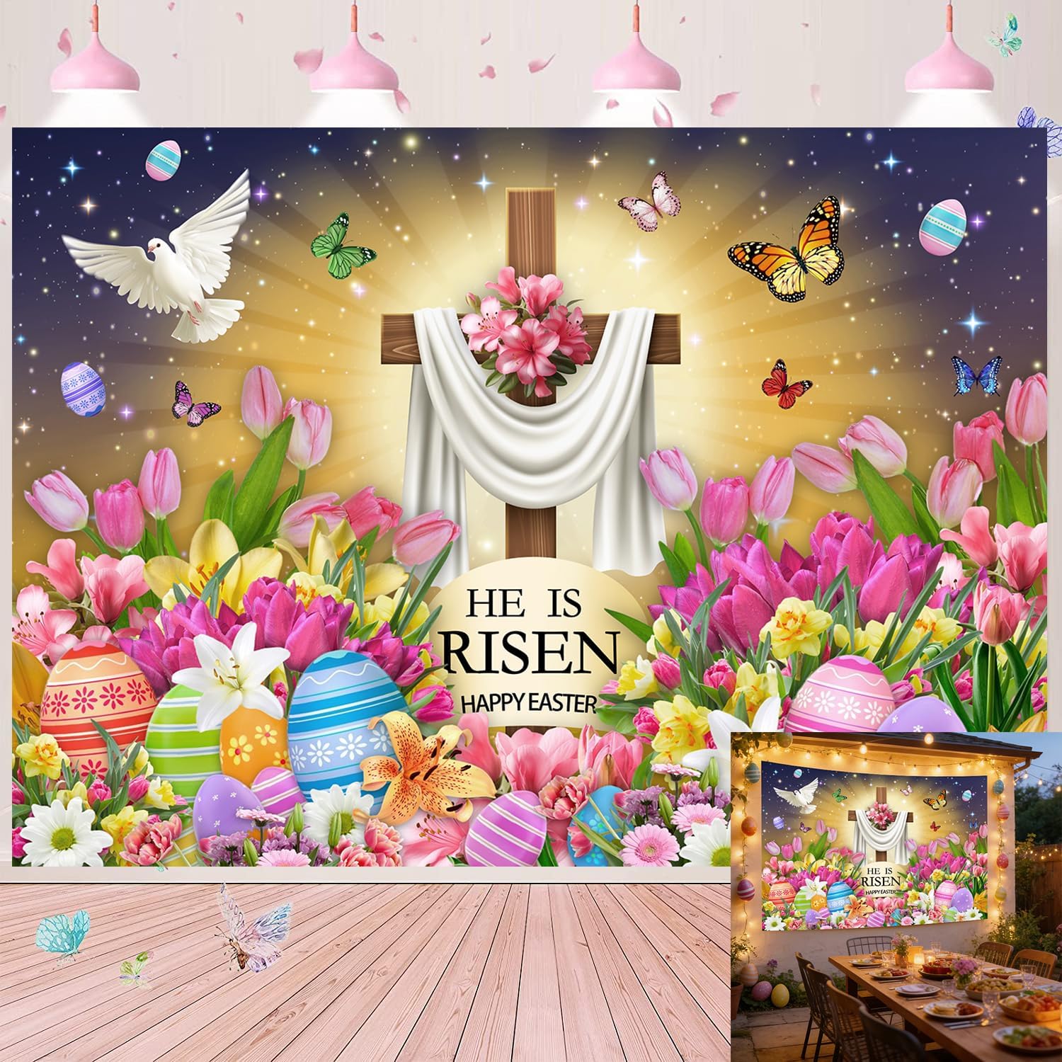 He is Risen Backdrop Happy Easter Jesus Resurrection Cross Lily Flowers Dove Colorful Eggs Photography Background Christian Religious Home Party Decor Banner Photo Props (7x5FT)