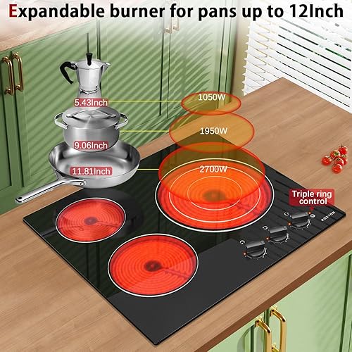 Miniatura 4 de Noxton Estufa eléctrica de 3 quemadores, estufa eléctrica de 24 pulgadas, control de perilla de cerámica radiante de 24 pulgadas, indicador de