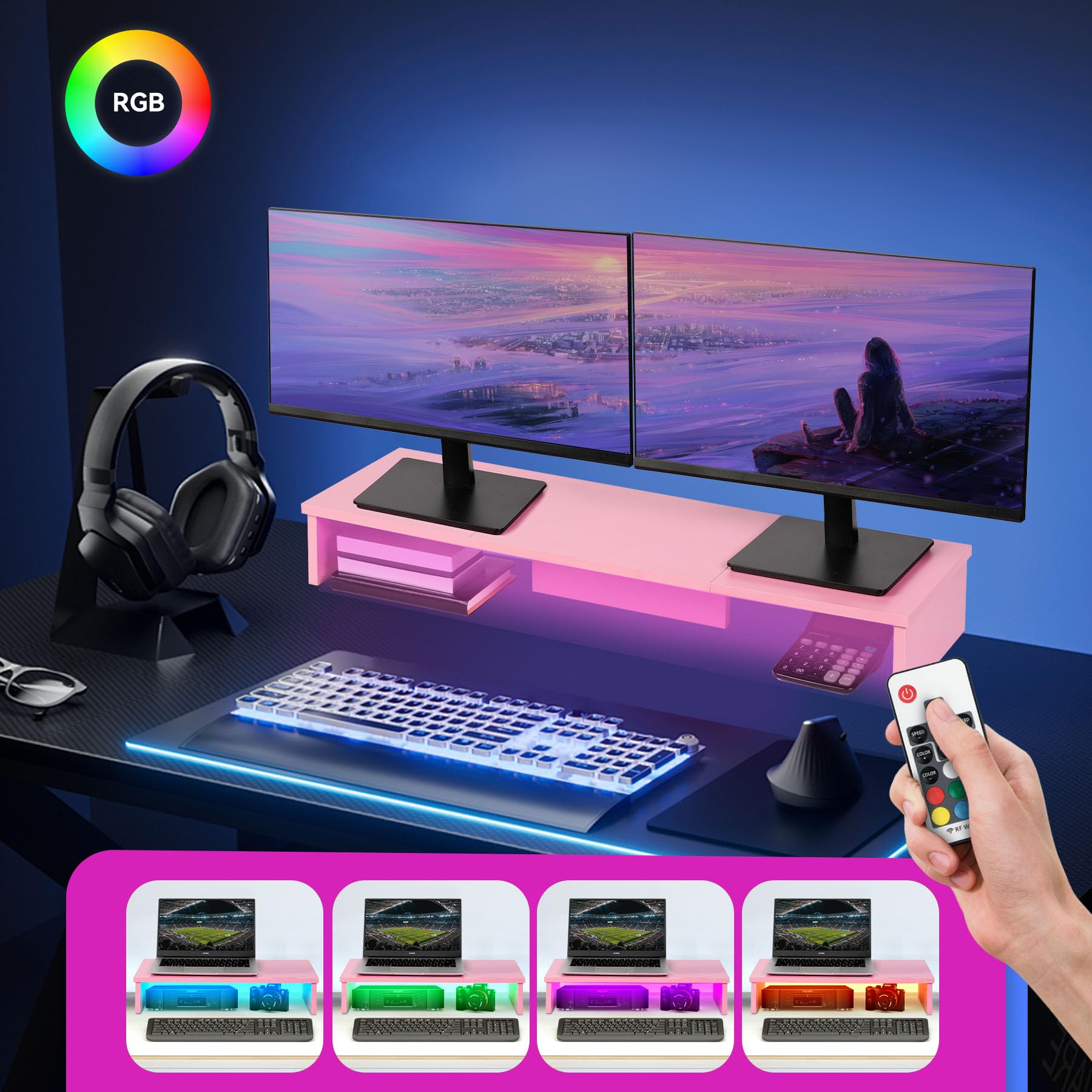 Podnośnik pod telewizor ze światłami LED, 108.0 cm, super duży stojak na monitor, stojak pod telewizor na biurko, organizer na biurko, organizer na komputer, telewizor, laptop, drukarkę