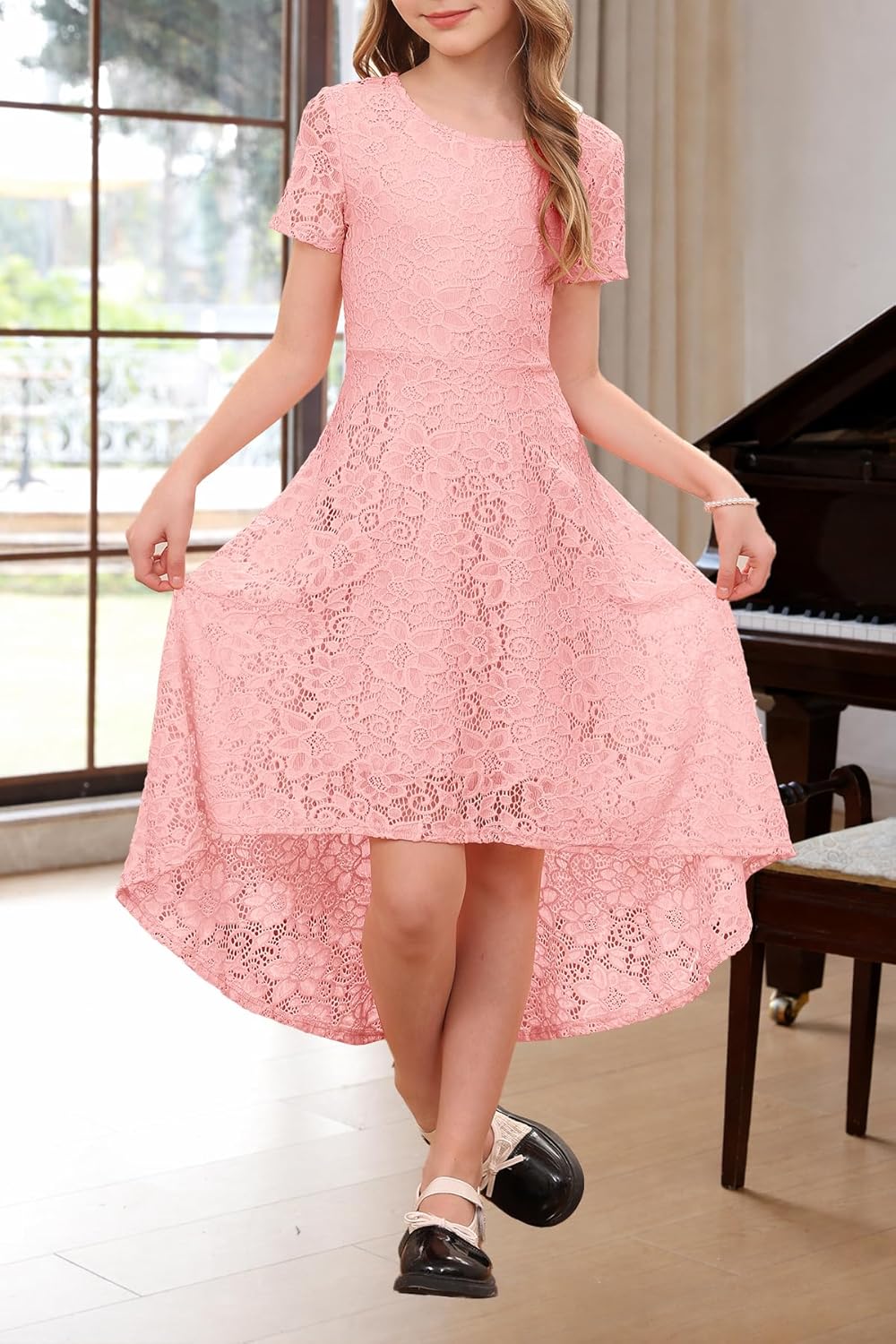 YOVION Girls Lace High Low Dress A-Line Wedding Party Junior Bridesmaid Dresses for 6-12 Years