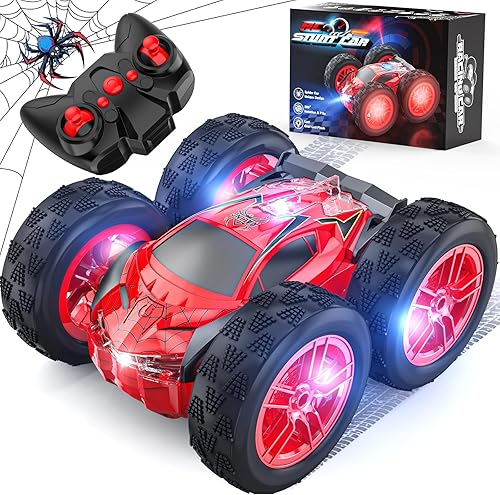 Auto a control remoto para niños, autos de acrobacias a control remoto, juguetes para niños de 4 a 7 años con patrón de doble cara y flash LED,