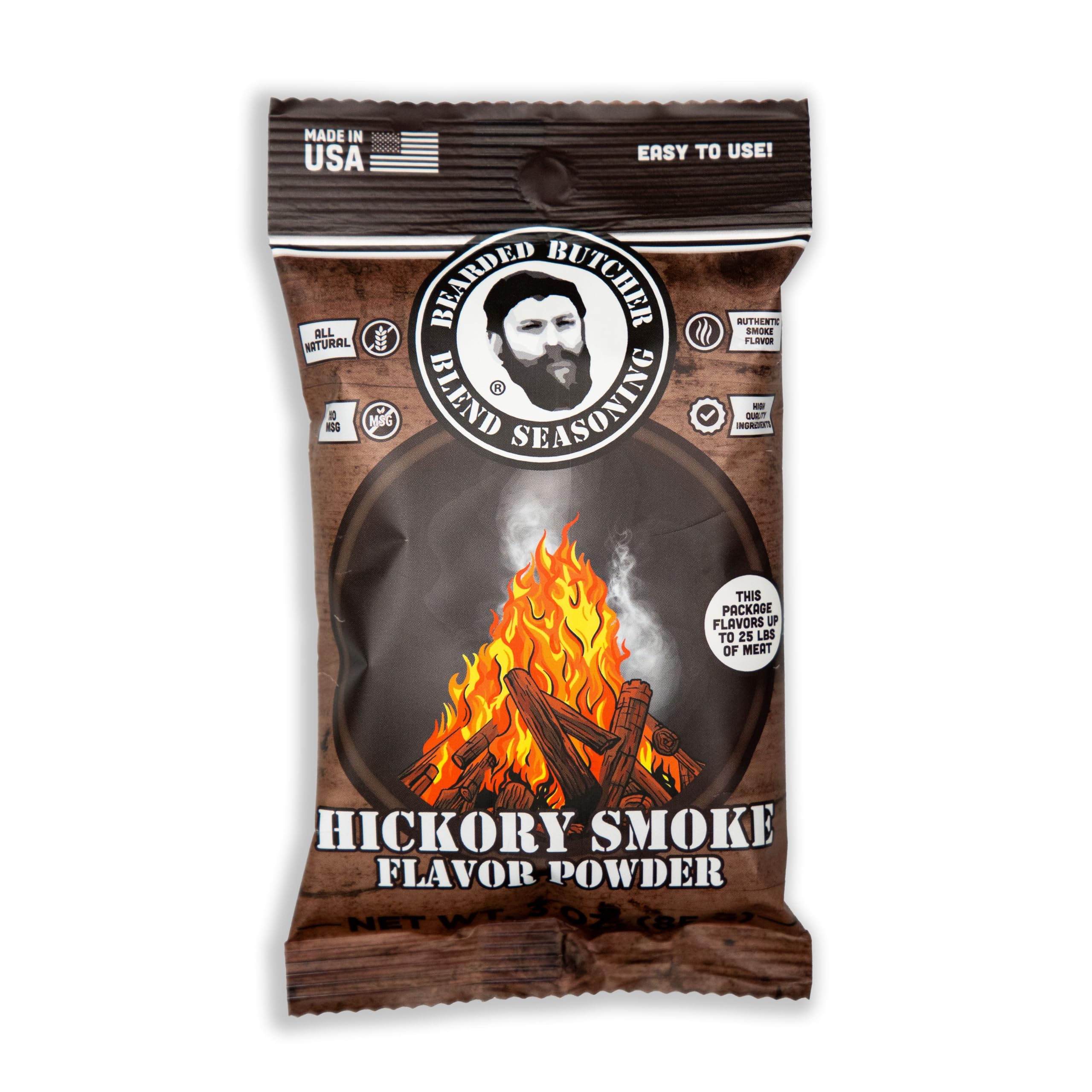 Bearded Butchers Hickory Smoke Flavor Powder, 3 oz - Natural Smoke Flavor, Portioned for Up to 25 lbs of Meat, Perfect for DIY BBQ, Grilling, Smoking, Curing, and More - No Mess, Kitchen-Ready