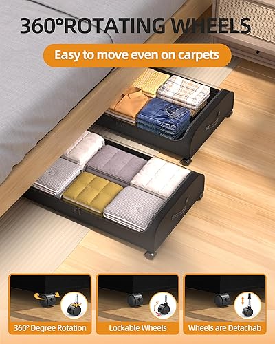 Miniatura 2 de Almacenamiento debajo de la cama con ruedas, paquete de 4 contenedores de almacenamiento curvos debajo de la cama, 60 litros debajo de la cama, Negro