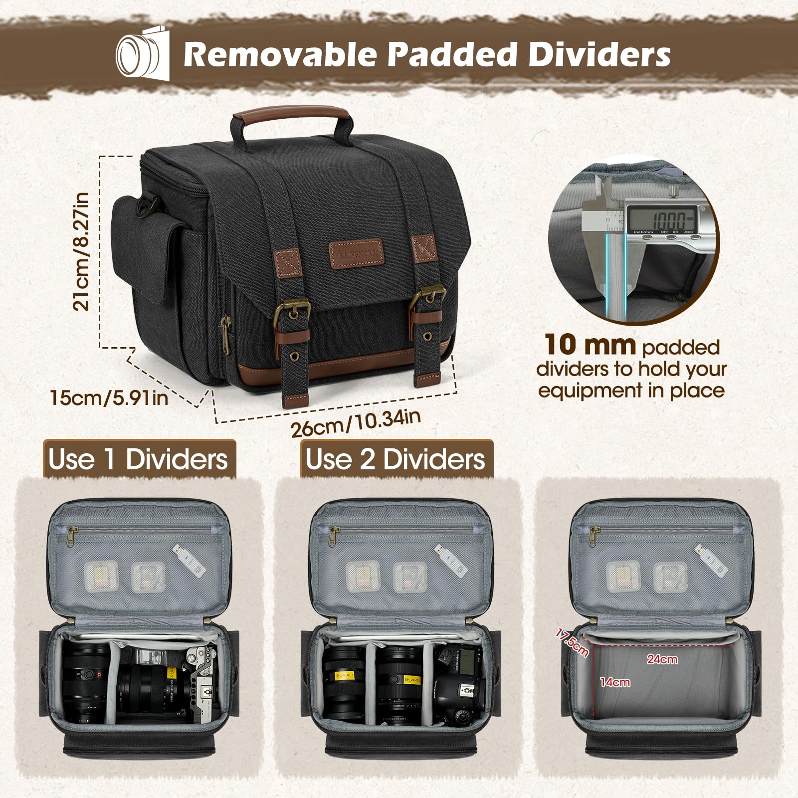 RAINSMORE Sac pour Appareil Photo Bandoulière Vintage en Toile Imperméable, Sacoche pour Appareil Photo Reflex et Hybride avec Housse de Pluie, Support Trépied et Fermetures SBS