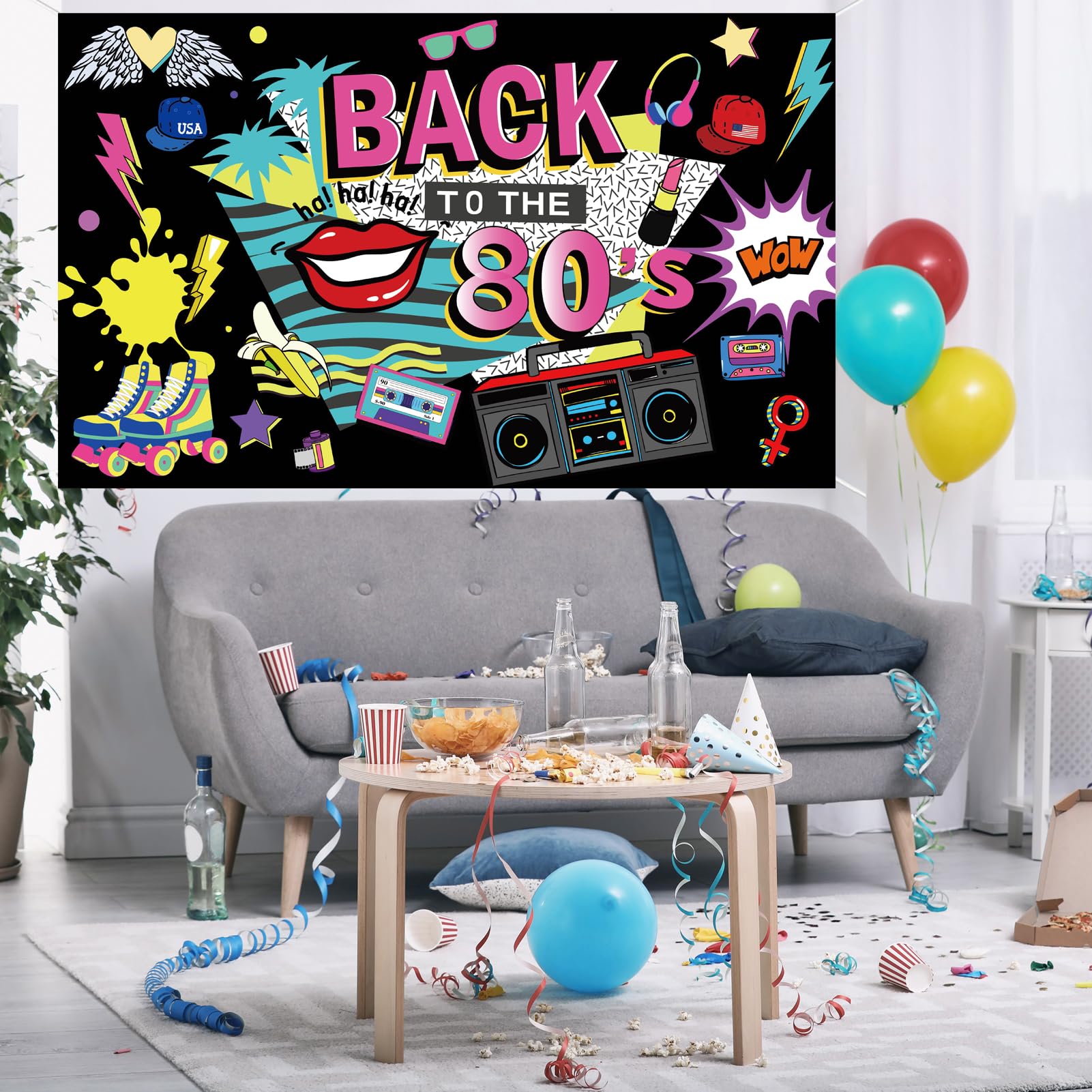 80er Jahre Party Dekoration Set – Inkl. Banner & Foto-Requisiten Für Coole Retro-Partys