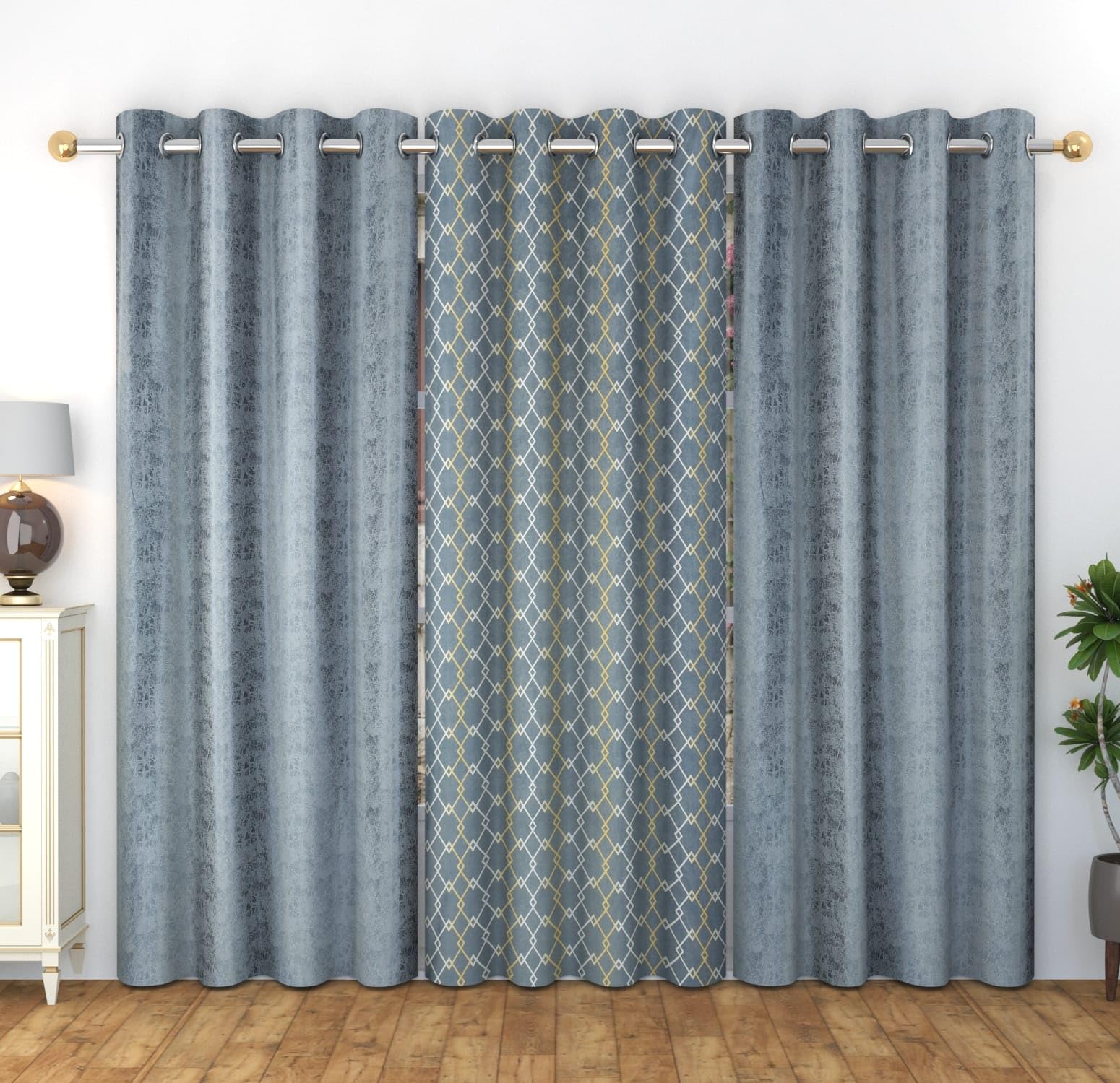 WO FLORA Window Curtains Check Design for Drawing Room/Living Room/Hall Room Parde for Door, Dark Grey Color 5 Feet 3 Pcs Set Curtains