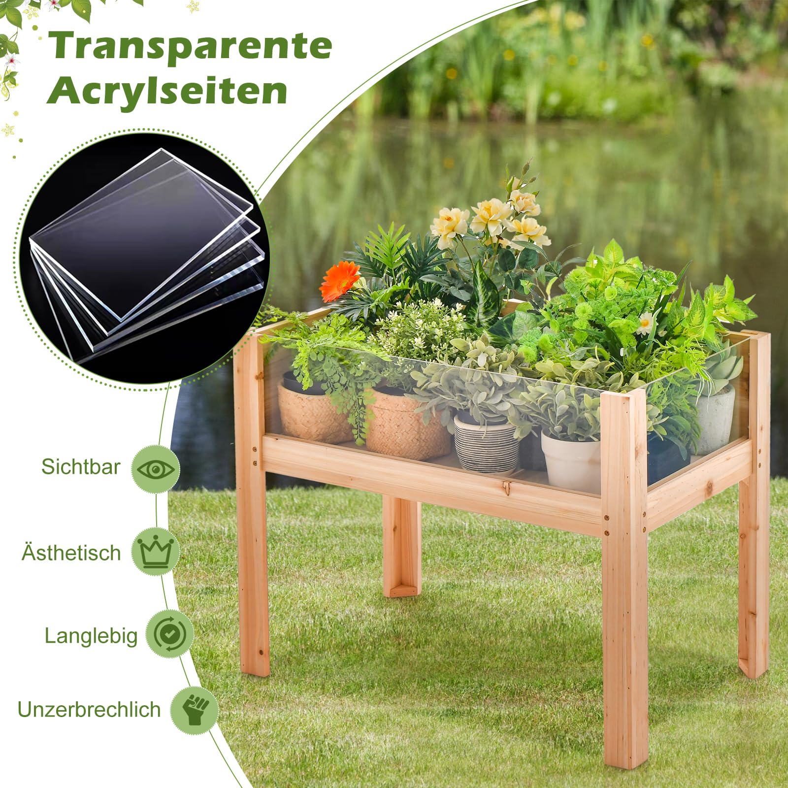 RELAX4LIFE Bancal alto de madera y acrílico, 130 L, con lados transparentes, huertos con agujeros de drenaje, bancal de cultivo con patas, para jardín, balcón, terraza (100 x 59 x 77 cm)