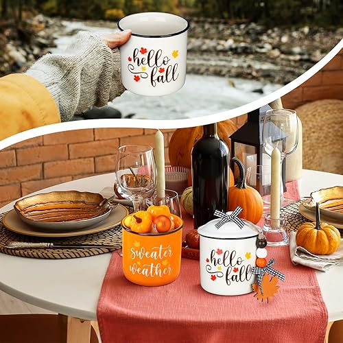 Miniatura 6 de Tanlade Tazas de café de otoño de Acción de Gracias, tazas blancas y naranjas con tapa, taza de cerámica con lazo a cuadros de búfalo y cuentas de