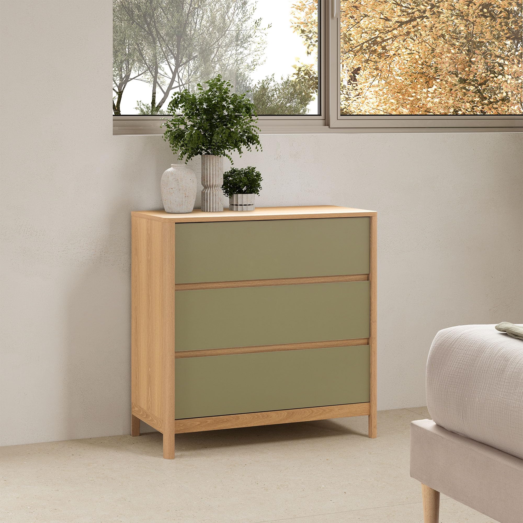 HOMN LIVING Cómoda de Noche Nassau 3 cajones Color Roble/Verde, 80 cm (Ancho) 40 cm (Profundo) 80 cm (Altura)