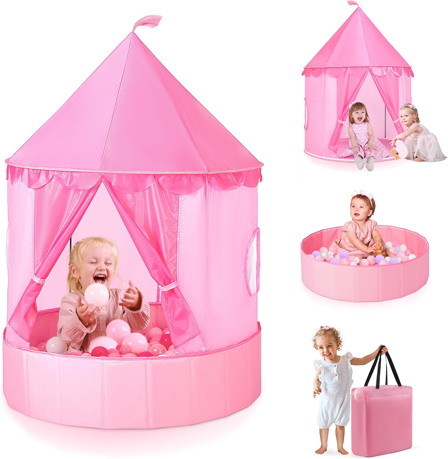 3-in-1 Ball Pit & Play Tent for Toddlers: Large 40" Pink Kids Ball Pit and Princess Tent - Princess Castle Playhouse Tent for Girls Kids Babies - Foldable Portable Toys for Indoor & Outdoor