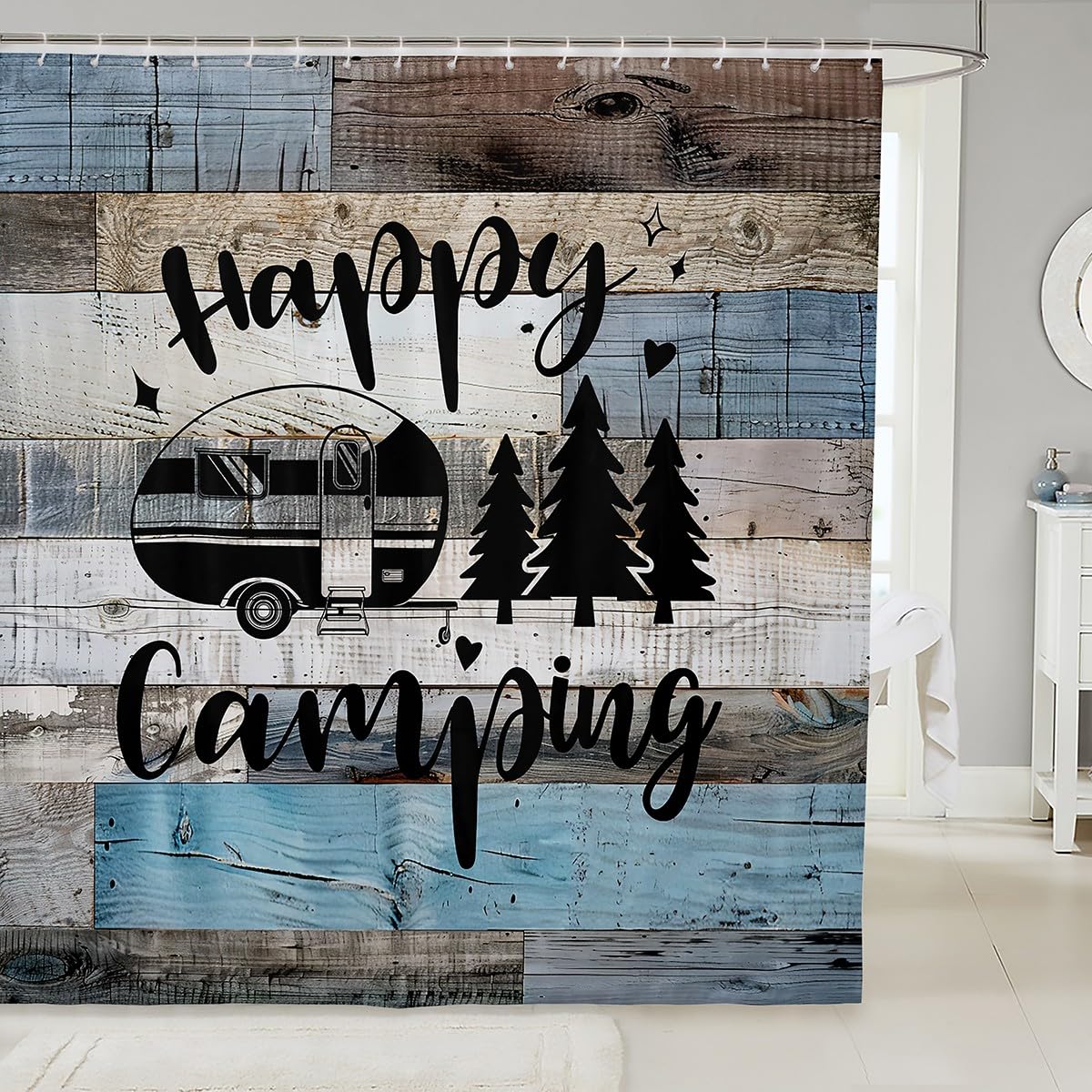 Trailers Camper Fabric Shower Curtain,Happy Camping Blue Gray Shower Curtain,Western Farmhouse Style Waterproof Shower Curtain for Bathroom,72 Inch