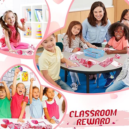 Miniatura 6 de Poen Juego de 300 bolas antiestrés con forma de corazón, tarjetas para el día de San Valentín, incluye 100 juguetes antiestrés para aliviar el