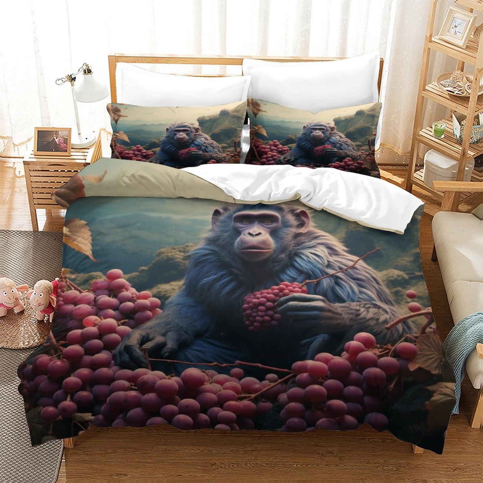 P1S9U7W5Y Vivid 3D Printed Monkey Jungle Duvet Cover Set 3 Pieces Soft Microfiber Bedroom Decor Monkey Bedding Set for Adults Teens Home Gift King（220x240cm）