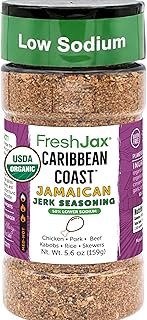 FreshJax Organic Caribbean Jerk Seasoning Dry Rub, 5.6 oz | Jamaican Spice Blend for Chicken, Pork, Steak, Seafood | Grilling, BBQ, Smoking, Roasting, Marinade | Low Sodium, Large Bottle - Made in USA