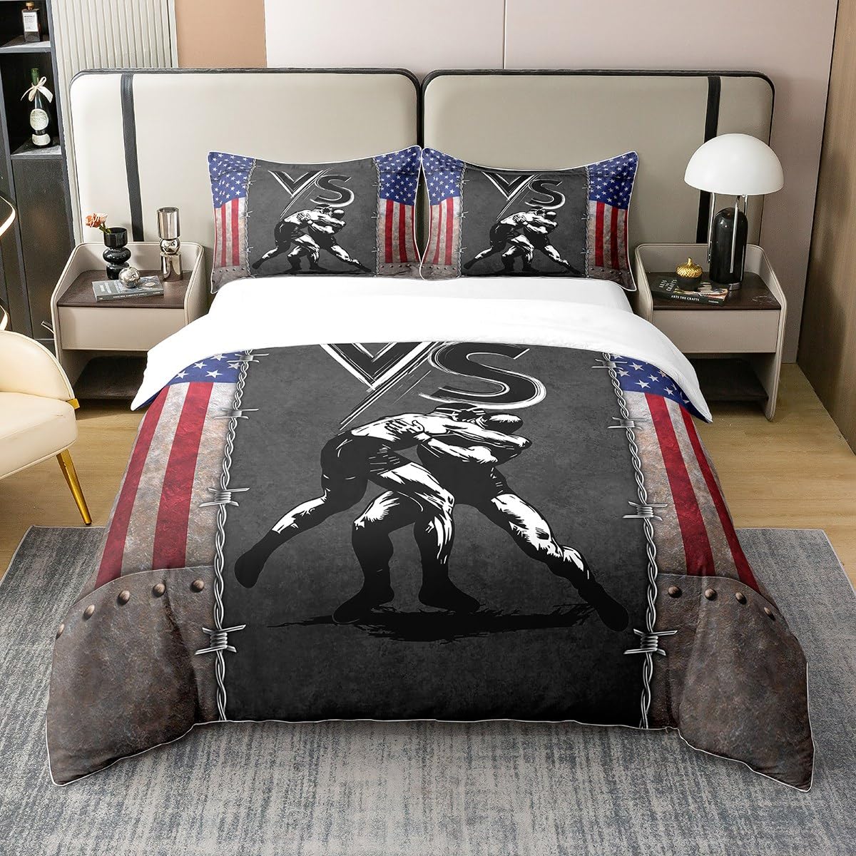 Wrestling Players 100% Cotton Duvet Cover Retro American Flag Stars Stripes Bedding Set for Kids Teens Adults Sports Competition Style Western Comforter Cover with 2 Pillowcases King Size 3 Pcs