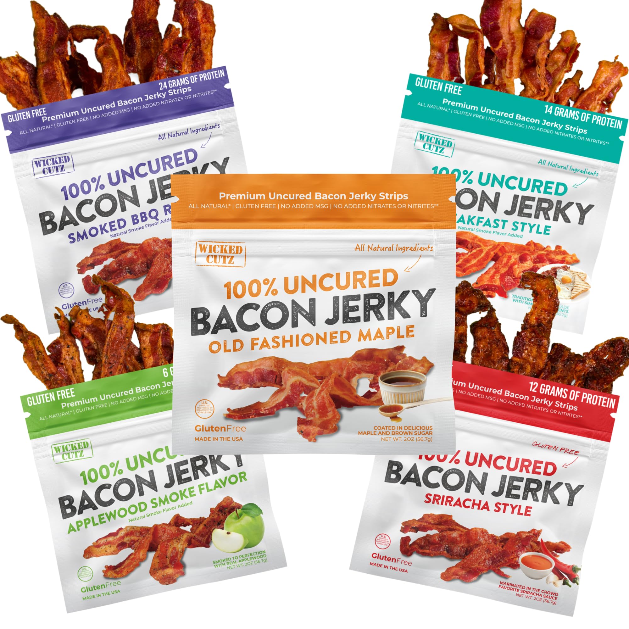 Bacon Jerky Variety Pack | 5 Flavors & Up to 24g Protein Per Bag | Fully Cooked, Tender, Easy to Chew, USA Made, High Protein Carnivore Snacks | Unique Gifts for Men (5 Bags)
