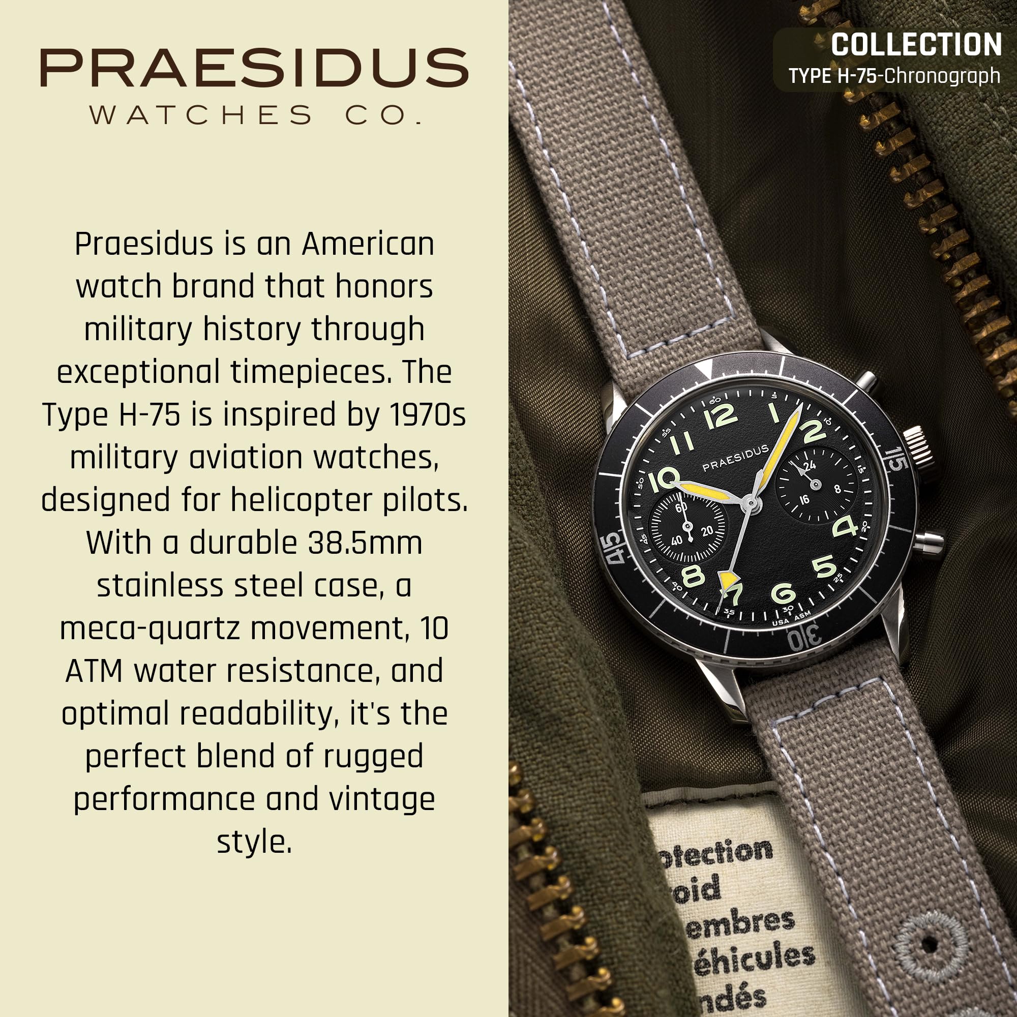 PRAESIDUS | 𝗧𝘆𝗽𝗲 𝗛-𝟳𝟱 - Zegarki dla mężczyzn, Męskie zegarki na rękę - Pilot, Wojskowy - 38mm Case | Zmontowany w USA, 2 wojna światowa, Prezent