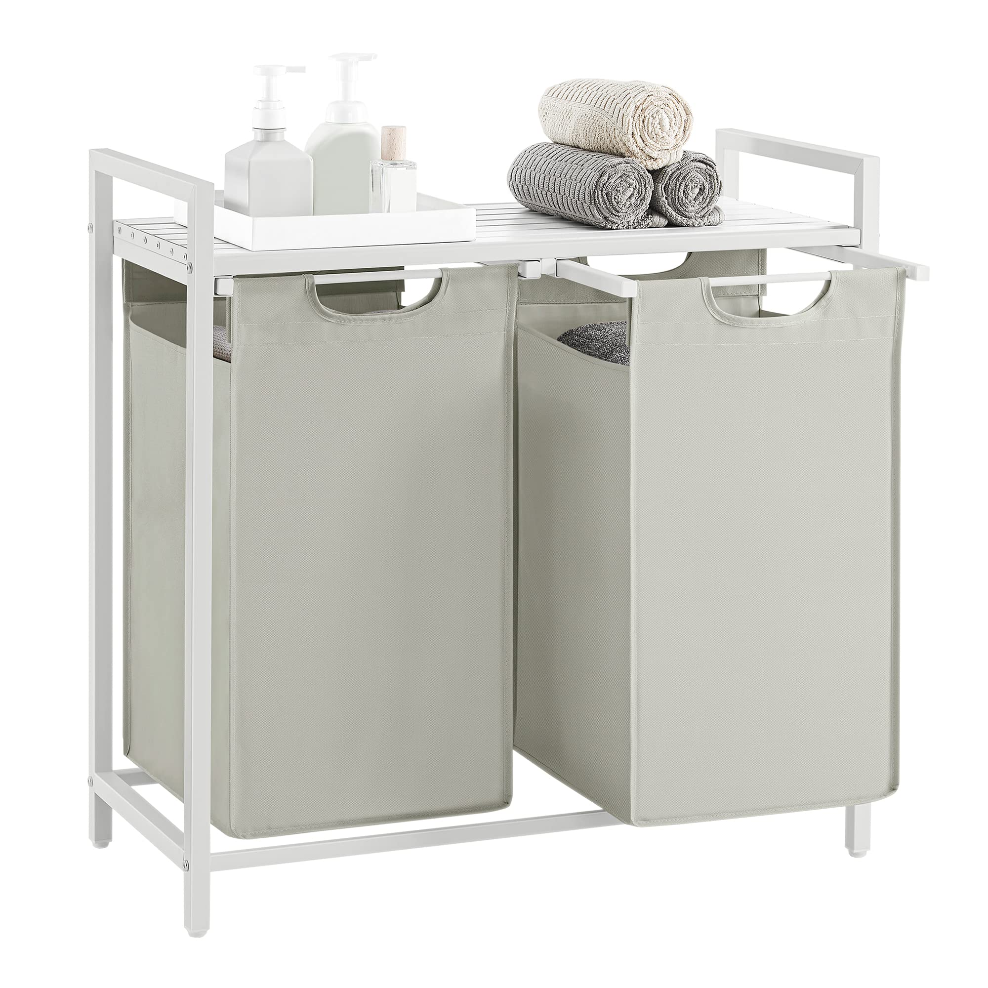 VASAGLE Laundry Basket, 2-Compartment Laundry Hamper, Pull-Out and Removable Liner Bags, Clothes Sorter, Shelf, Metal Frame, 2 x 46 L, 73 x 33 x 72 cm, Cream White and Matte White BLH201W01