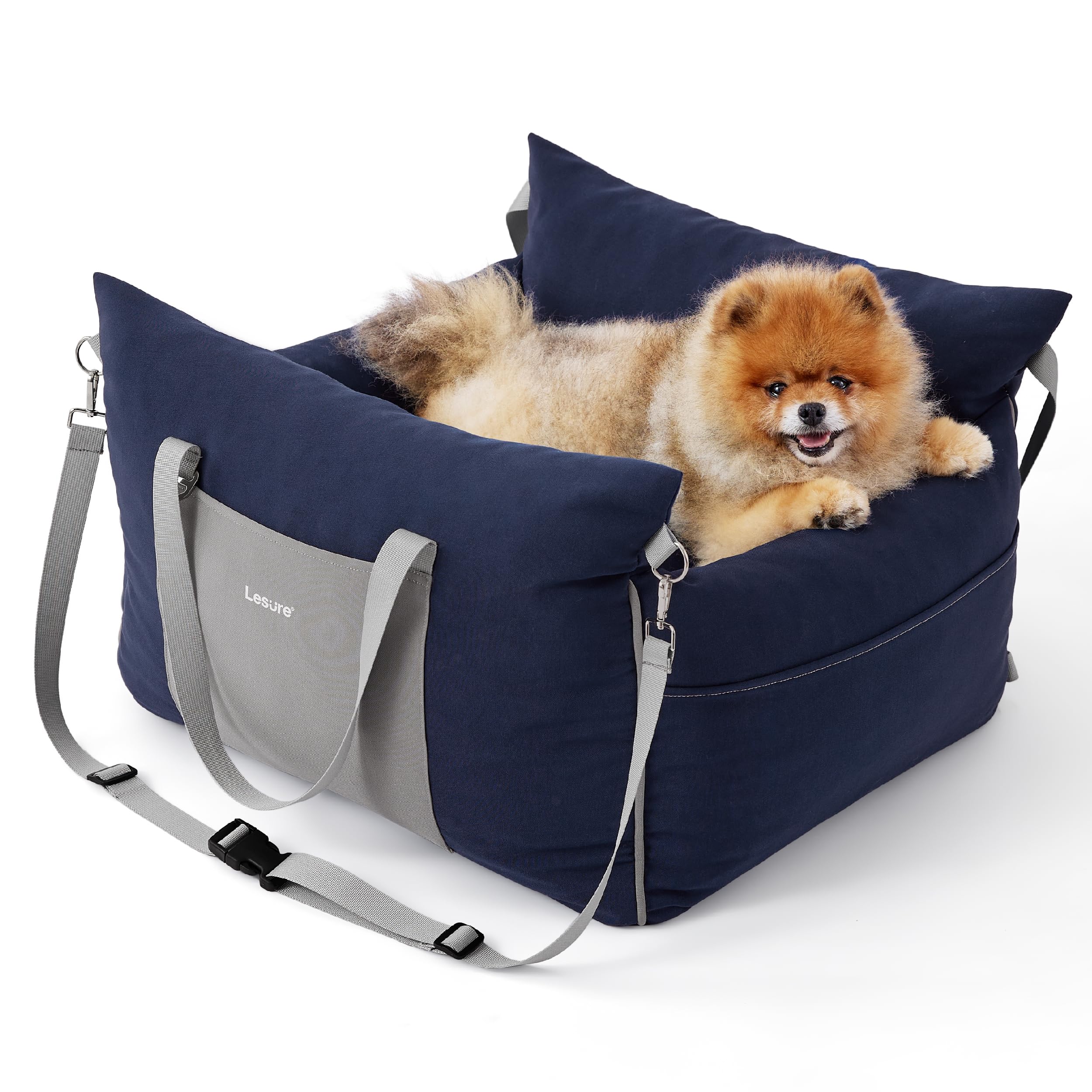 Lesure Small Dog Car Seat for Small Dogs - Waterproof Dog Booster Seat for Car with Storage Pockets and Clip-On Safety Leash and Thickened Memory Foam Filling, Pet Travel Carrier Bed Navy