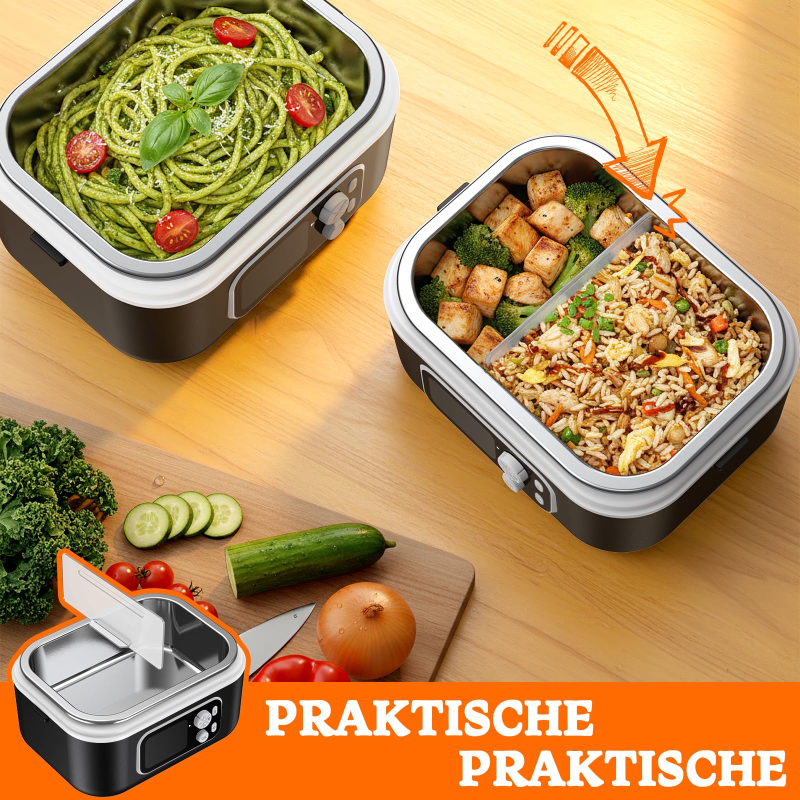 Fiambrera Electrica 100W Calentador de Comida Portatil 1,5L Lunch Box con Bolsa Térmica y Cubiertos Comida Caliente Acero Inoxidable para coche/camión/oficina