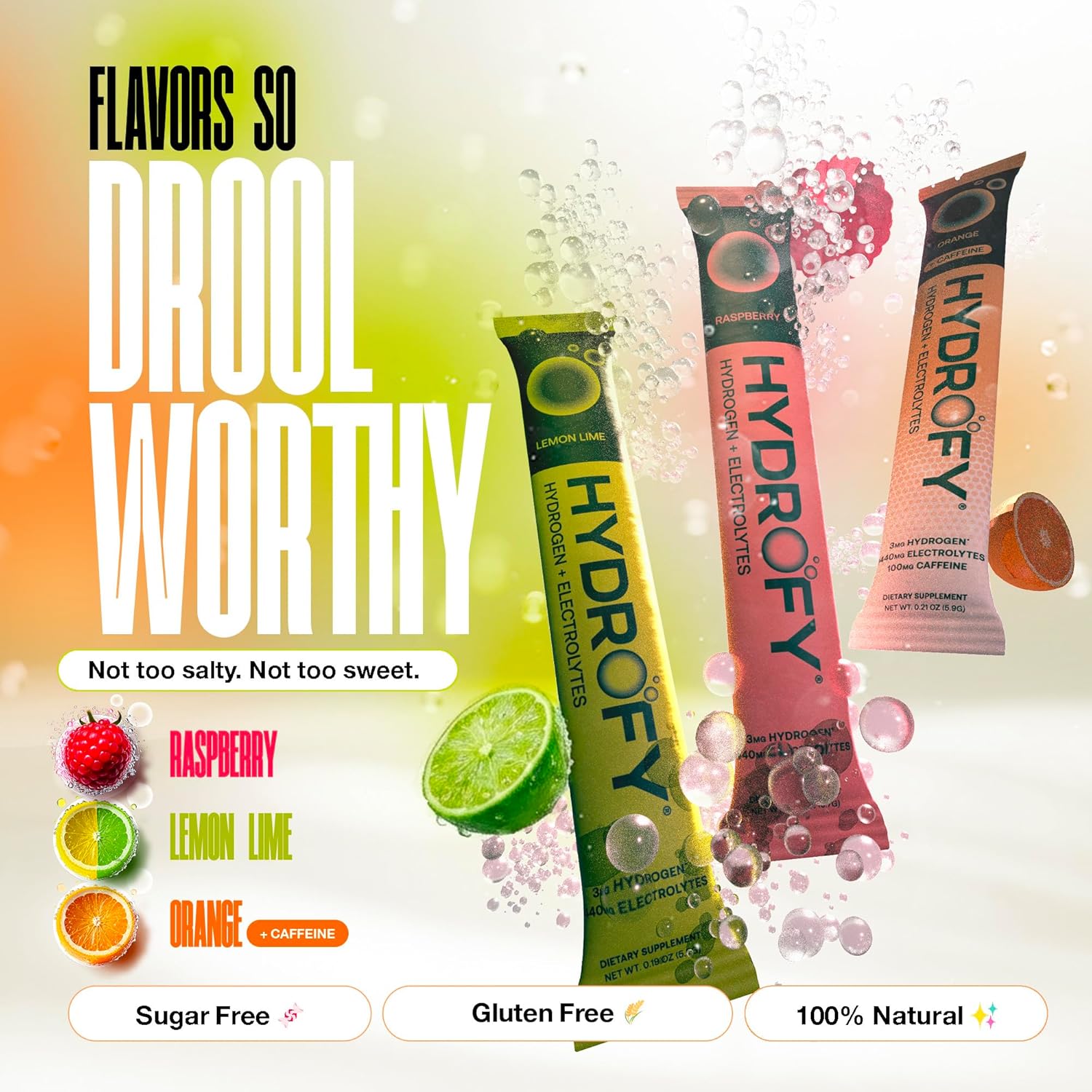 Hydrofy Hydrogen Water + Electrolytes Drink Mix | H2 Hydration Packets with Molecular Hydrogen, Sodium, Potassium, Magnesium, Calcium, and Minerals | No Sugar | Orange + Caffeine 25 ct