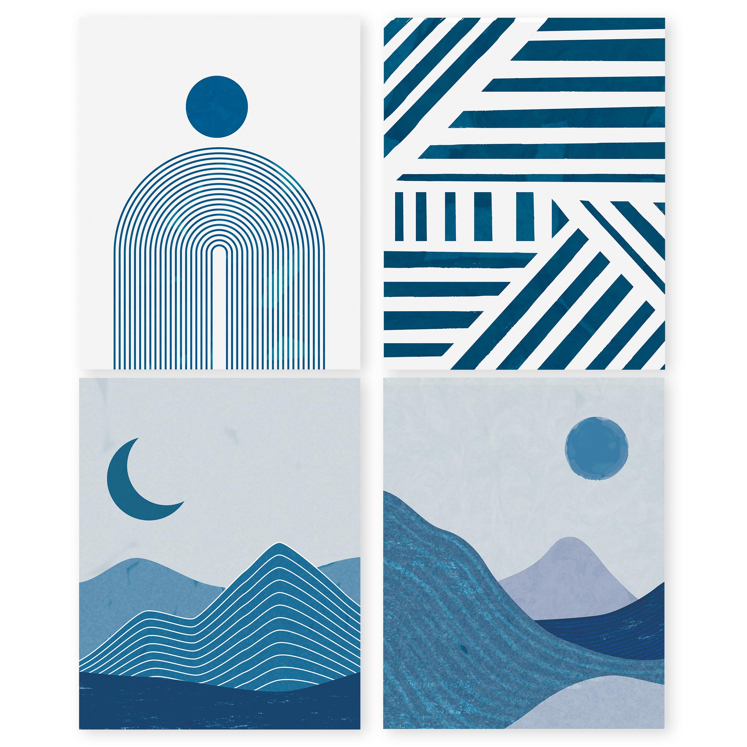 HRQKO Boho Blue Mid Century Modern Wall Art Poster Prints Set of 4, Sun Moon Geometric Mountain Artwork Printing Posters Wall Decor, Bohemia Minimalist Prints for Living Room Bedroom 8”x10” Unframed