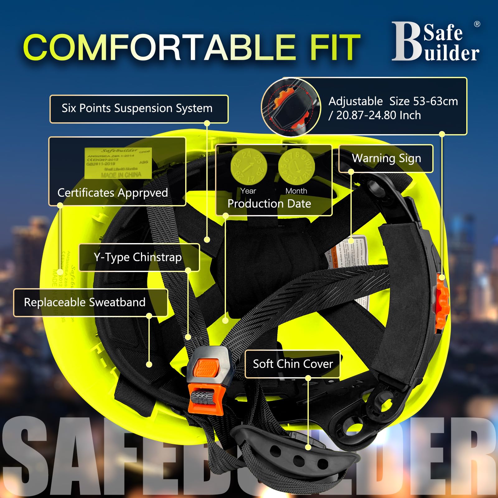SAFEBUILDER Casque de sécurité avec phare, casque de sécurité avec visière, lampe frontale rechargeable pour homme, travail, industrie, construction, foresterie