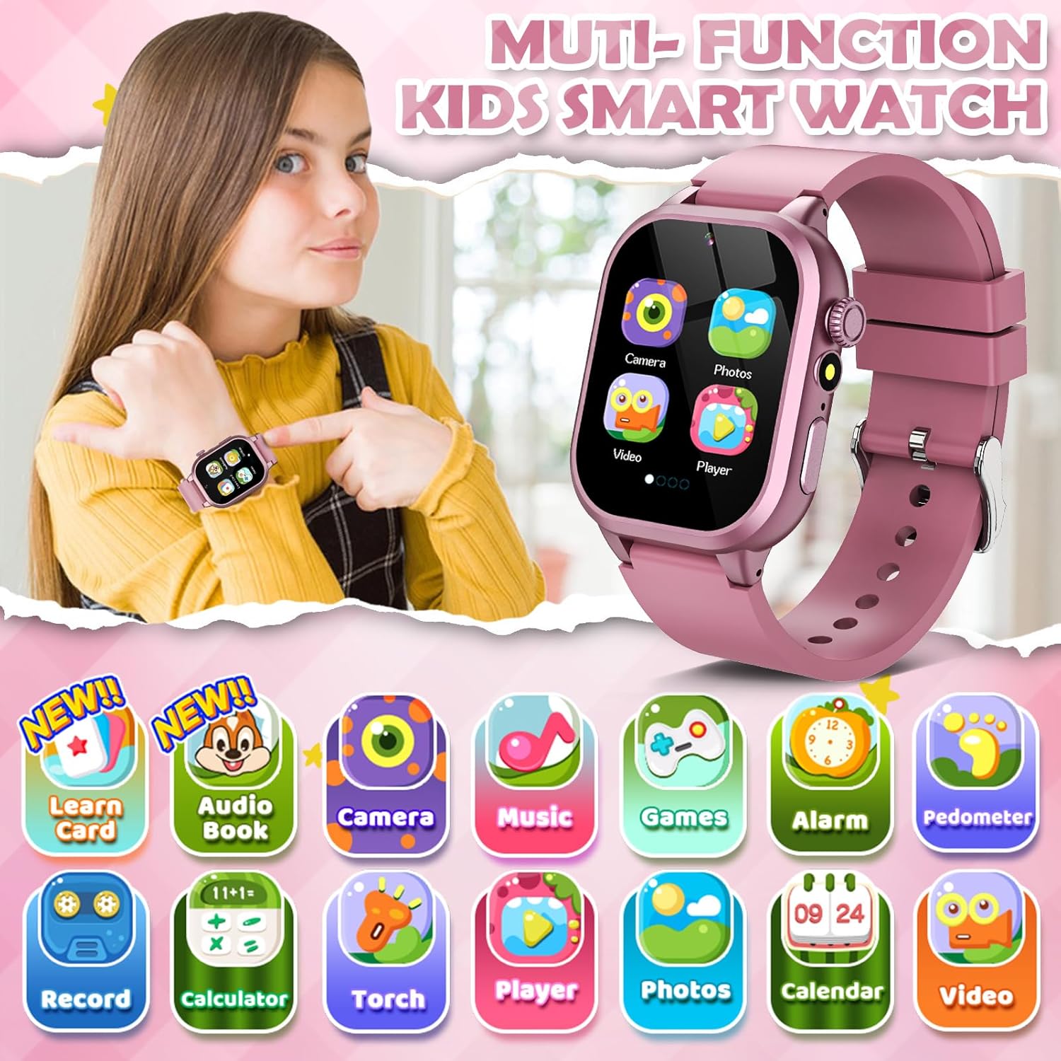 Kids Smart Watches for Girls Boys Toys Ages 4-12 with 30+ Games Video Recorder Music Alarm Clock Learning Card HD Touchscreen 4 5 6 7 8 Year Olds Birthday Gift - Image 2