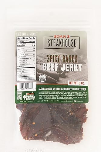 Stan's Steakhouse Spicy Ranch Beef Jerky | Paquetes de bocadillos de carne seca | Snack Keto | Paquete individual de 3 onzas