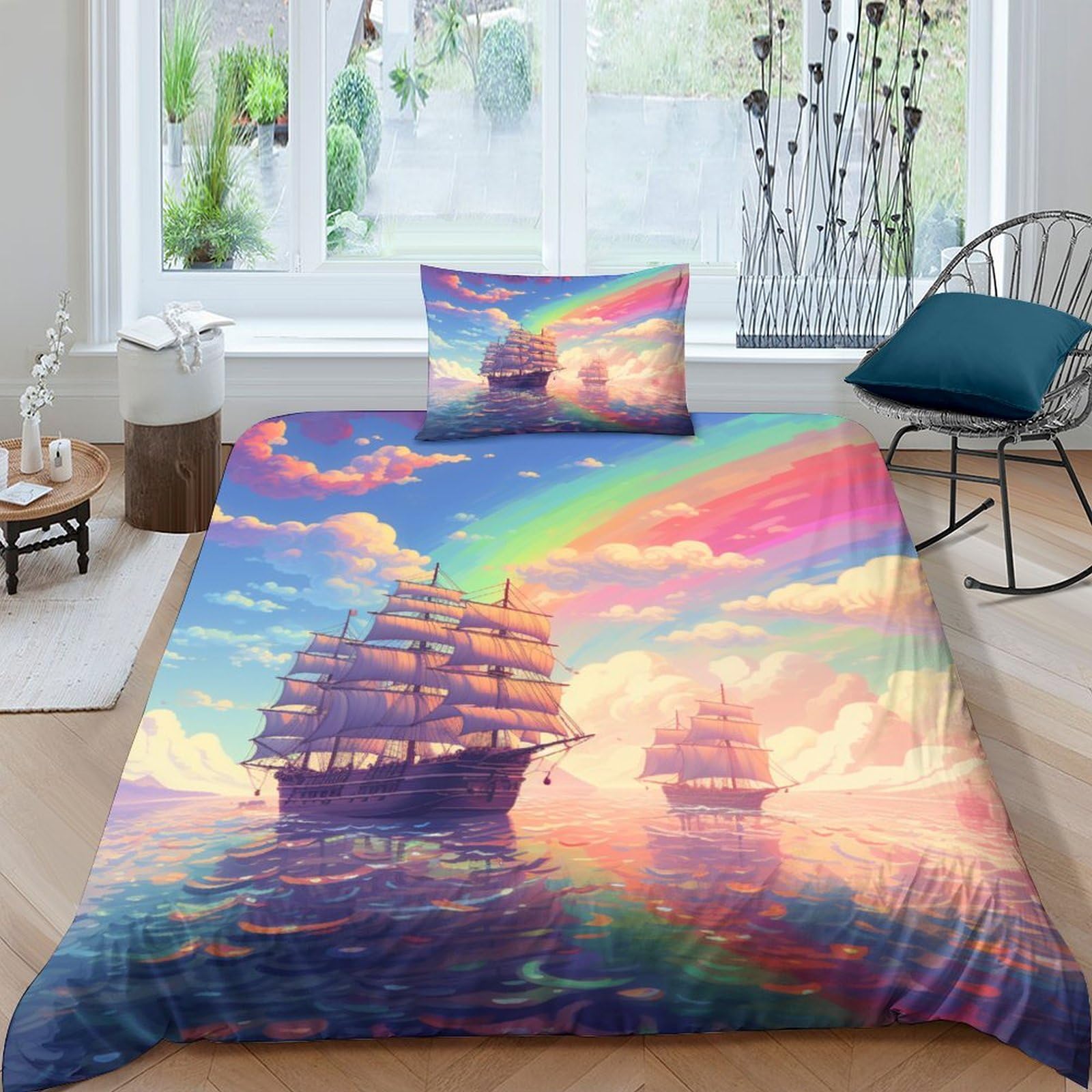 Housse de couette facile à enfiler avec fermeture éclair lit simple motif voilier