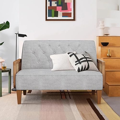 Miniatura 7 de annjoe Sofá de dos plazas tapizado con botones y reposabrazos de ratán natural, respaldo con hebilla, sofá banquete para comedor, sala de estar,