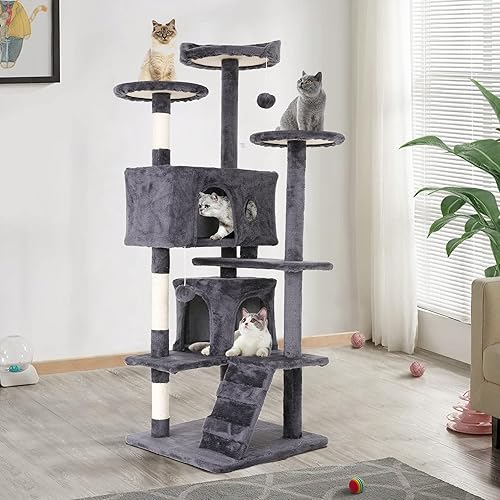 Torre para gatos de 54 pulgadas de alto para gatos de interior, muebles de condominio de varios niveles con soporte de poste rascador para gatos,