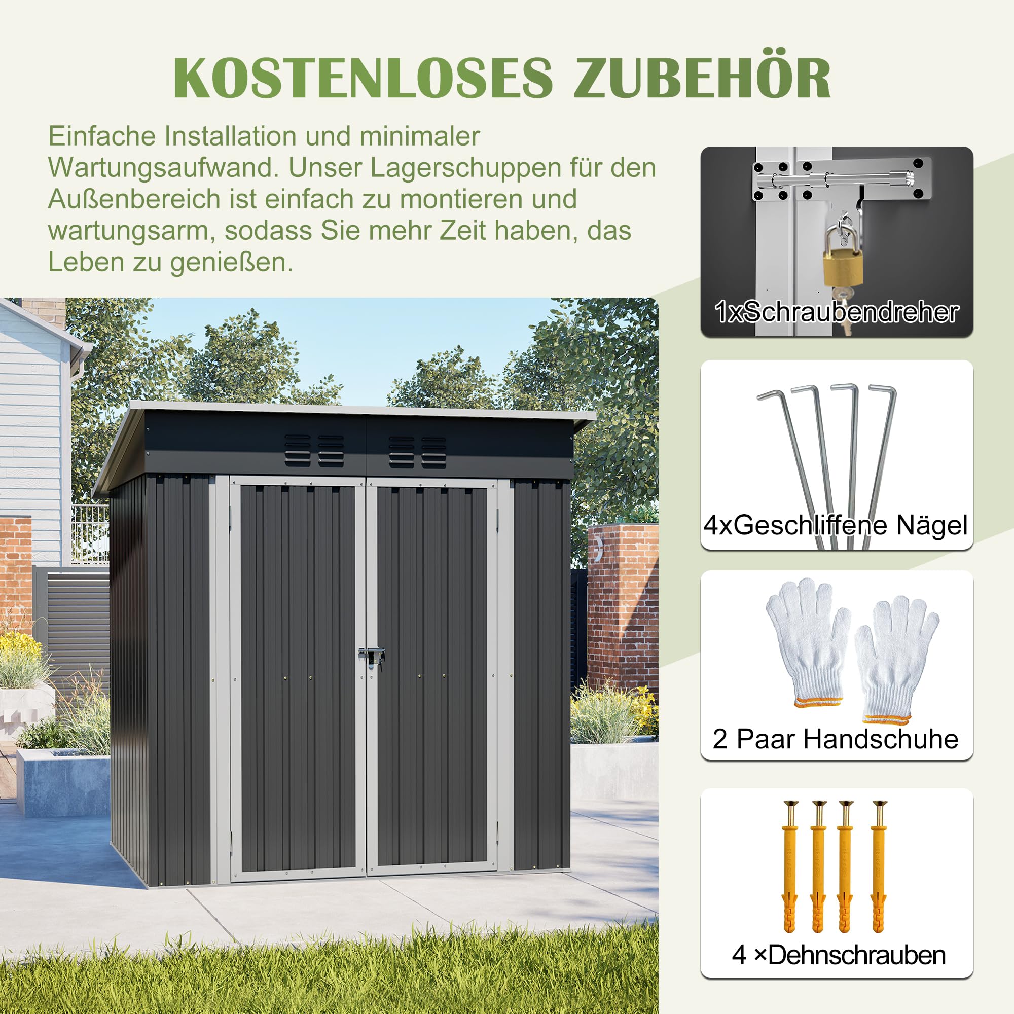 Geräteschuppen Metall 170x121x182 cm, 3,74 m³ Gerätehaus mit Pultdach, Fundament und Drehtüren, Wetterfester Gartenschuppen für Fahrrad & Gartengeräte, Anthrazit