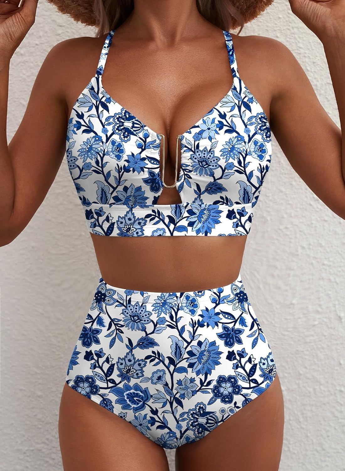 Herseas Womens 2 Piece High Waisted U Wire Bikini Set Floral Print Swimsuit Crisscross Back Bathing Suit Beach Swimwear - Image 3