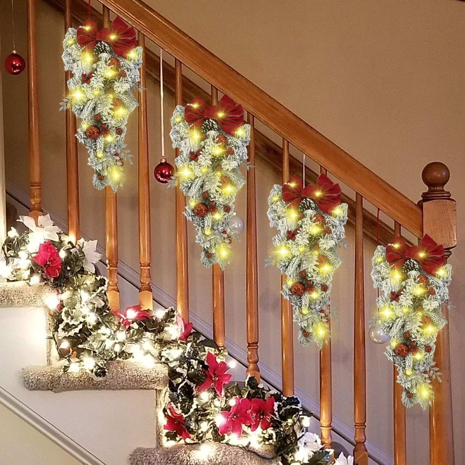 Christmas Wreaths Decorations for Front Door Cordless Red