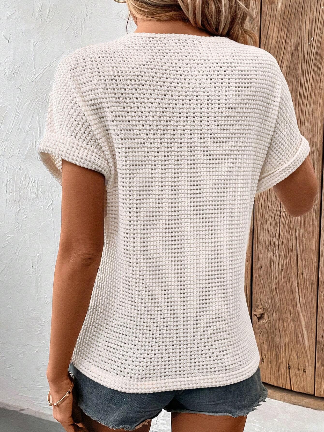 Chicrise Tshirt Damen Sommer Rundhals Lochstickerei Bluse Waffel Spitzen Kurzarm Oberteile Elegant