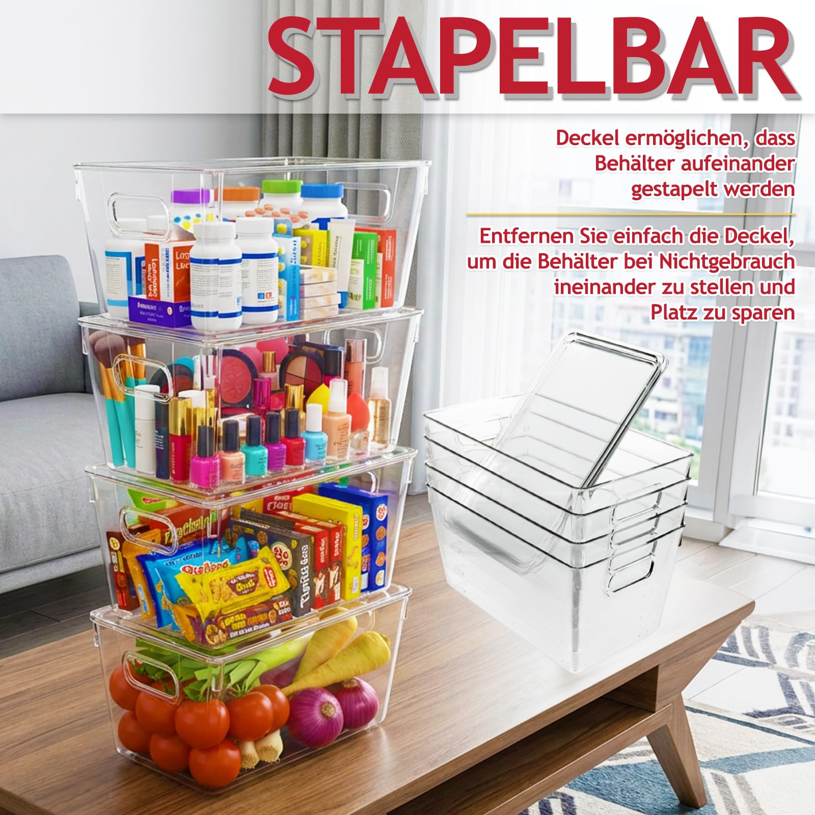 Spares2go Stapelbare Aufbewahrungsbehälter Organizer Box Tabletts mit Deckel Klar Kühlschrank Lebensmittel Getränke Speisekammer Schrank Haushalt Aufbewahrung Schubladen Set (8 Stück)